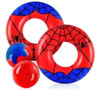 4 Pack Pool Floats for Kids - 2 Pcs Inflatable Spider Web Swim Tubes Rings & 2 Pcs Spider Beach Balls,Summer Pool Floaties Set for Hawaiian Beach, Water Park Fun, Swim Tubes for Summer Party
