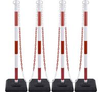 4 Pack Portable Work Zone Chain Post Set, Premium Crowd Control Stanchion Set, 3 x 6.6' Ft Plastic Chains, 4 x 40" inch Traffic Delineator Post Cones with Heavy Rubber Base (Red White)