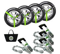 4 Pack Premium Wheel Straps - Guaranteed Maximum Breaking Strength 10 lbs - 2" Ratchet with G70 Chain Anchor Hook and 2" x 8ft Laser Strap, Straps