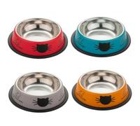 4 Pack Printed Stainless Steel Cat Bowls - 8 fl oz Anti-Skid Food & Water Cat Feeding Bowls | Cat Dish for Food and Water Bowl | Cat Feeding Bowl for Kitten (Grey, Red, Orange & Blue)