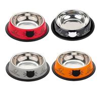 4 Pack Printed Stainless Steel Cat Bowls - 8 fl oz Anti-Skid Food & Water Cat Feeding Bowls | Cat Dish for Food and Water Bowl | Cat Feeding Bowl for Kitten (Grey, Red, Orange & Black)