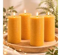 4 Pack Pure Nature Beeswax Pillar Candles, 7.6x15 cm Honeycomb Beeswax Candles 45 Hours Long Burn Unscented Candles for Home Paryer Wedding Parties Church (Yellow)