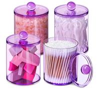 4 Pack Qtip Holder, Apothecary Jars Cotton Ball Holder Dispenser, Bathroom Jars with Lids Set for Cotton Round, Cotton Swab, 10oz-12oz Plastic Canisters Restroom Bedroom Vanity Organizer(Purple)