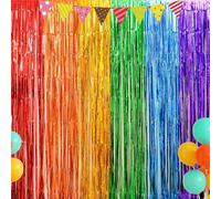 4 Pack Rainbow Foil Fringe Curtains 3.2ft x 8.2ft Rainbow Backdrop Curtain Rainbow Party Decorations Metallic Tinsel Streamers Photo Booth Background for Birthday Party Baby Shower (2 Set)