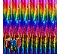 4 Pack Rainbow Fringe Curtain Backdrop, 3.2Ft x 8.2Ft Colorful Metallic Tinsel Foil Fringe Streamers for Photo Booth Birthday Wedding Baby Shower Carnival Easter Mother’s Day Party Decorations