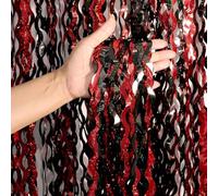 4 Pack Red Black Tinsel Curtains, Metallic Tinsel Foil Fringe Curtains, 1m×2.5m Tinsel Curtain Streamers, Party Backdrop Foil Curtains for Birthday Halloween Wedding Prom Decoration