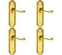 4 Pack | Reeded Scroll Handle on Shaped Lock Backplate - 205 x 49mm - Polished Brass | Traditional Lever on Backplate Door Handle - Internal Door Hardware - Euro, Oval and Latch Options Available