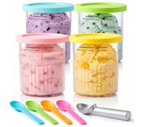4 Pack Replacement Ice Cream Tubs for Ninja Creami NC500 | BPA-Free reusable pints with lids & metal scoop, Freezer-safe tubs with overflow lines to stop bulging