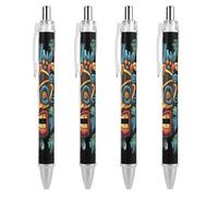 4 Pack Retractable Black Ballpoint Pens for Smooth Writing 0.5mm Fine Point Fineliner Refillable Quick Dry Gel Ink Colorful Tiki Mask Pattern Rollerball Pens Comfort Grip for Journaling Note Takin