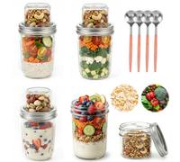 4 Pack Reusable Overnight Oats Storage Yogurt Pots 600ml Breakfast Salad Cereal Cup with Lid Spoon Portable Oatmeal Breakfast On the Go Jar Dishwasher Safe Snack Meal Container for School Travel