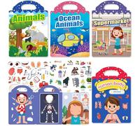 4 Pack Reusable Sticker Books - Educational Learning Puffy Stickers Activity Pack, 4 Themes (Supermarket/Ocean Animal/Wild Animal/Human Body), Peel and Stick