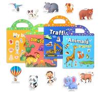 4 Pack Reusable Sticker Books for Toddlers, 3D Puffy Waterproof Stickers Kids for Animals Vehicles Dinosaurs Body, Book Stickers for Boys Girls Educational Learning Toy Birthday Gifts