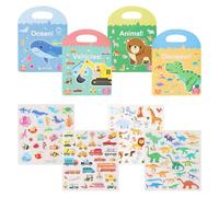 4 Pack Reusable Sticker Books, Fun Themes Dinosaurs Animals Vehicles and Ocean, Travel Activity Packs for Toddlers, 122 Stickers, No Mess Peel and Stick, Sensory Play, Ages 3+