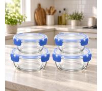 4 Pack Round Glass Meal Prep Container Set with Lids, 2x400ml & 2x950ml | 2 x 400ml and 2 x 950ml borosilicate glass bowls. Airtight, leakproof locking lids; microwave, freezer and dishwasher safe.