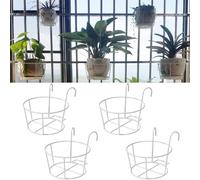 4 Pack Round Hanging Railing Planters, Flower Pot Holders, Metal Pot Plant Basket, Shelf containers for Indoor and Outdoor use (White)