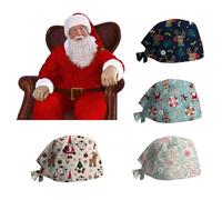 4 Pack Scrub Kitchen Chef Hat - Unisex Christmas Funny Printed Cap - Novelty Working Cooking Hat - Elk Santa Snowflake Reindeer Print Hair Cover Turban Cap with Sweatband