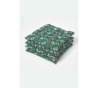 HOMESCAPES Green Seat Pads Set of 4 Christmas Holly Pattern Dining Chair Cushions with Straps 100% Cotton 40 x 40 cm