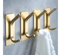 4 Pack Self Adhesive Wall Hooks,Gold Sticky Hooks Extra Sturdy, Hanging up to 6KG, Stainless Steel Heavy Duty Rustproof Command Hooks for Kitchen Bathroom Tile Shower No Drilling Damage-Free