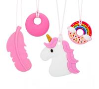 4 Pack Sensory Chew Necklaces, Silicone Oral Motor Chewy Toys with Wearable Rope for Kids Boys Girls Teething, Anxiety, Biting Needs, Includes Unicorn, Donut, Feather & Circle Pendants