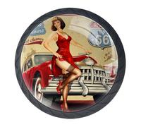 4 Pack Set Cabinets Hardware Round Furniture Knobs Vintage Diner Route 66 Poster,Drawer Dresser Cupboard Wardrobe Pulls Handles for Home Kitchen
