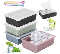 4-Pack Silicone Ice Cube Tray - Color 6-Compartment Large Square Ice Moulds Easy Release 2 inch Cube ice Trays with Lid for Freezer, Flexible & Durable BPA Free for Chilled Drinks, Whisky, Cocktails