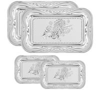 4 Pack Silver Serving Trays - Floral Engraved Polished Decorative Trays, 35×22cm, 29×18cm Party Platters for Charcuterie, Desserts, Weddings and Holiday Gatherings