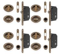 4 Pack - Sliding Pocket Door Lock & Latch Set - Antique Brass Rounded Forend Finger Pull
