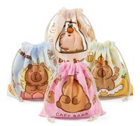 4 Pack Small Double-Sided Capybara Drawstring Pouch Bags, 14x16cm Cute Cosmetic Makeup Storage Pouches Goody Snack Small Cloth Gift Bags for Travel, Accessories, Jewerlry, Toiletries