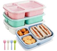 4 Pack Snack Boxes, Reusable Bento Lunch Boxes with Transparent Lids 3 Compartments & Fork, Lunch Snack Containers for Kids Adults, Divided Food Storage Containers for School Work Travel （4 colors）