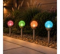 4 Pack Solar Powered Crackle Glass Ball Stake Lights, Colour Changing Led Garden Path Lights