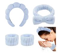 4 Pack Spa Headband for Skincare & Makeup - Terry Cloth Women's Bubble Headband With Face Wash Wristbands - Soft Puffy (Blue)