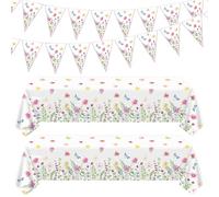 4 Pack Spring Floral Tablecloth Wild Flowers Table Cloth Plastic 2 x Spring Floral Table Cloth Flower Table Cover 51 x 86 Inches 2 x Wildflower Element Banners for Flower Wedding, Babyshower, Birthday