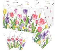 4 Pack Spring Summer Lavender Tulip Plastic Tablecloth, Blooming Floral Disposable Table Cloth, Watercolor Seasonal Holiday Table Cover for Easter Picnic Spring Summer Party Decorations, 54 x 108 Inch