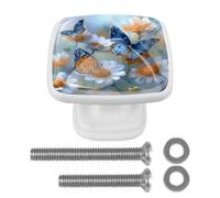4 Pack Square Kitchen Cabinet Knobs, Antique Butterflies and Daisies Drawer Pulls Handles for Cupboard Wardrobe Dresser Closet Kitchen Decor, White
