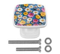 4 Pack Square Kitchen Cabinet Knobs, Antique Colorful Daisies Drawer Pulls Handle for Cupboard Wardrobe Dresser Closet Kitchen Decor, White