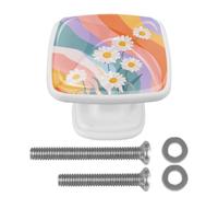 4 Pack Square Kitchen Cabinet Knobs, Antique Colorful Daisies Drawer Pulls Handles for Cupboard Wardrobe Dresser Closet Kitchen Decor, White
