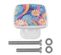 4 Pack Square Kitchen Cabinet Knobs, Antique Colorful Rainbows and Daisies Drawer Pulls Handles for Cupboard Wardrobe Dresser Closet Kitchen Decor, White