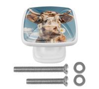 4 Pack Square Kitchen Cabinet Knobs, Antique Highland Cow and Daisies Drawer Pull Handles for Cupboard Wardrobe Dresser Closet Kitchen Decor, White