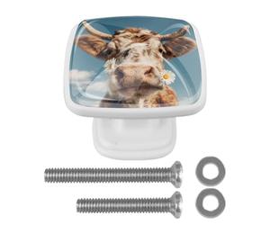 4 Pack Square Kitchen Cabinet Knobs, Antique Highland Cow and Daisies Drawer Pull Handles for Cupboard Wardrobe Dresser Closet Kitchen Decor, White