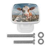 4 Pack Square Kitchen Cabinet Knobs, Antique Highland Cow and Daisies Drawer Pulls Handles for Cupboard Wardrobe Dresser Closet Kitchen Decor, White