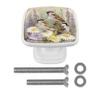 4 Pack Square Kitchen Cabinet Knobs, Antique Sparrows on Daisies Drawer Pulls Handles for Cupboard Wardrobe Dresser Closet Kitchen Decor, White