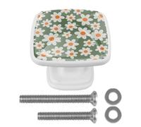 4 Pack Square Kitchen Cabinet Knobs, Antique White Daisies Drawer Pull Handle for Cupboard Wardrobe Dresser Closet Kitchen Decor, White