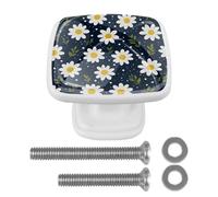 4 Pack Square Kitchen Cabinet Knobs, Antique White Daisies Drawer Pull Handles for Cupboard Wardrobe Dresser Closet Kitchen Decor, White