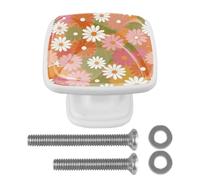 4 Pack Square Kitchen Cabinet Knobs, Antique White Pink Daisies Drawer Pulls Handles for Cupboard Wardrobe Dresser Closet Kitchen Decor, White