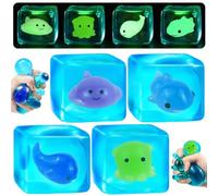 4 Pack Squishy Fidget Squeeze Toys, Adult Relief Anxiety Stress Balls, Glow in the Dark Cute Sensory Toy, Sea Animal Series Slow Rising Cubes, Kids Anger Management Squish Cube, Birthday Party Gifts