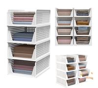 4 Pack Stackable & Foldable Wardrobe Storage Organiser, Inside Wardrobe Storage Basket, Plastic Wardrobe Shelves Closet Cupboard Organiser Boxes, Space-Saving & Easy to Clean Clothes Organizer Shelf