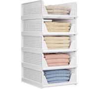 4 Pack Stackable Plastic Storage Bins, Foldable Organizers for Closet Shelves, Space Saving Drawer Baskets for Clutter Free Home