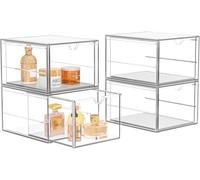 4 Pack Stackable Storage Drawers, Acrylic Cosmetic Drawer, Clear Desk Accessories, Latest Model Dustproof Drawer Storage for Dresser, Bathroom
