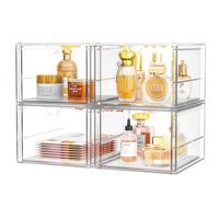 4 Pack Stackable Storage Drawers, Acrylic Cosmetic Drawer, Clear Desk Accessories, Latest Model Dustproof Drawer Storage for Dresser, Bathroom