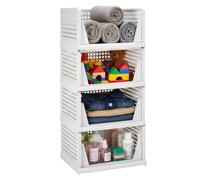 4 Pack Stackable Wardrobe Storage Organiser Drawers, Foldable Hollow Design Plastic Basket Shelves with Sliding Track for Clothes, Toys and Snacks, Space Saving Unit for Bedroom, Bathroom & Kitchen